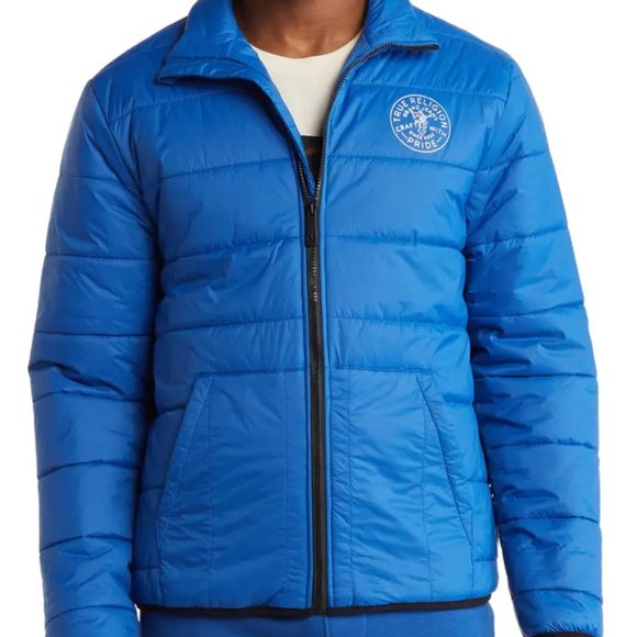 True Religion Logo Puffer Jacket in Lake Blue - Picture 1 of 3